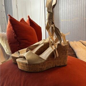 Lace-Up Cork Wedge Sandals in Tan